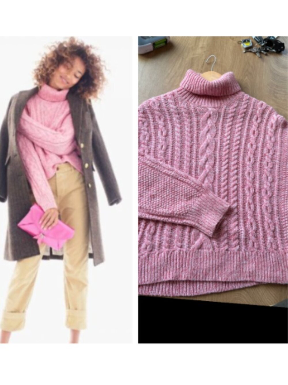 J. CREW Collection Pink Wool Blend Turtleneck Cable Knit sweater Fishermen Sz M